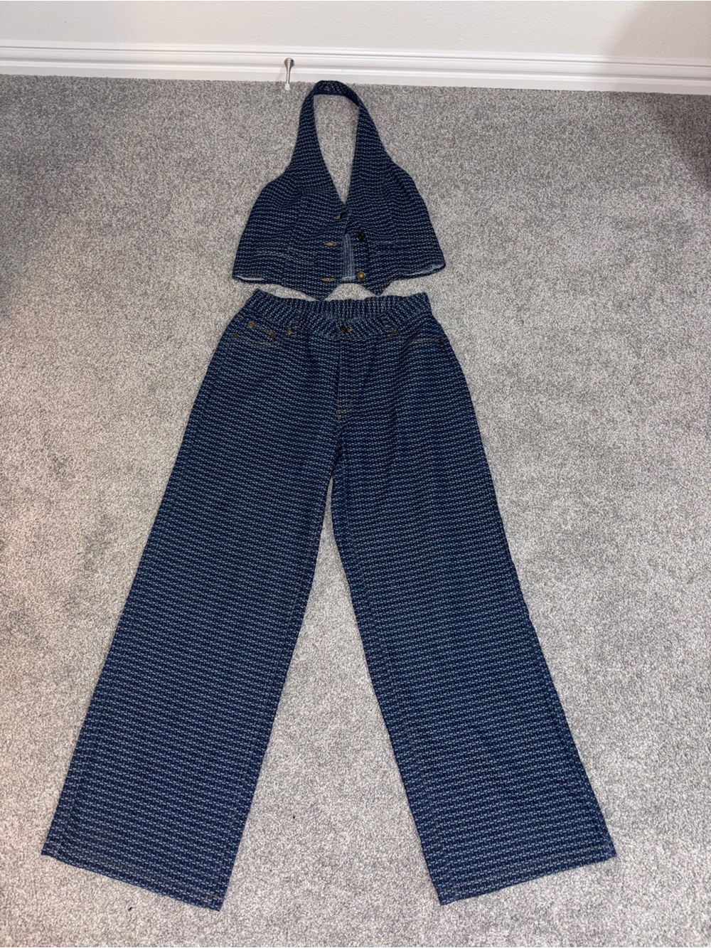 Women's Navy Patterned Wide-Leg Pants & Halter Crop Top Set